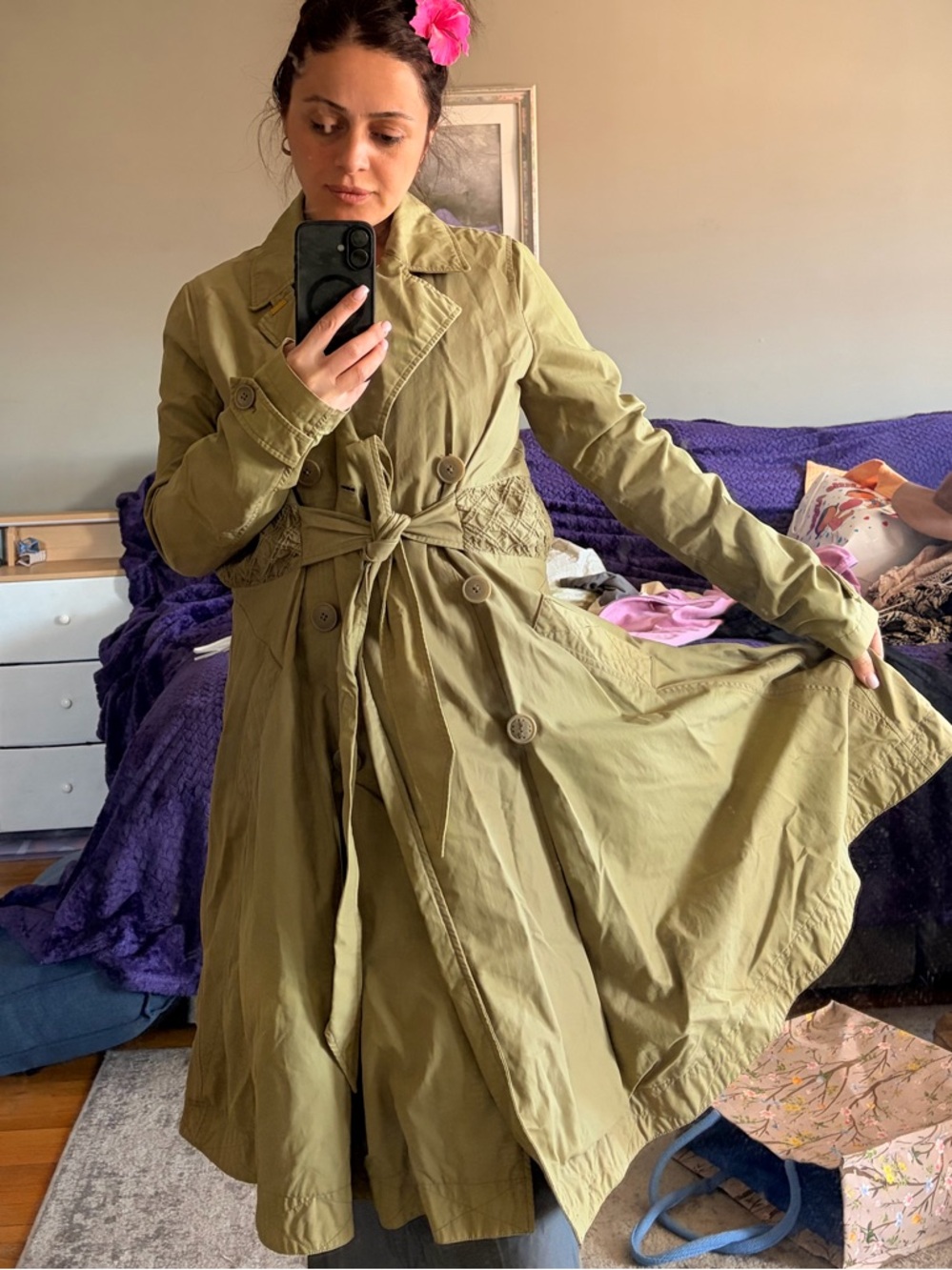 Diesel Khaki Trench Coat with Quilted Pocket Accents